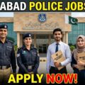 Realistic Islamabad Police Jobs 2026 YouTube thumbnail showing Pakistani police officers and job applicants with recruitment documents in front of a government building in Islamabad.