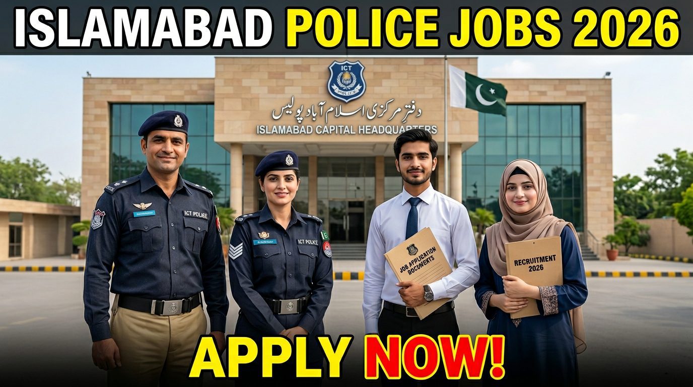 Realistic Islamabad Police Jobs 2026 YouTube thumbnail showing Pakistani police officers and job applicants with recruitment documents in front of a government building in Islamabad.