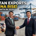 Pakistani and Chinese business representatives shaking hands at a busy cargo port with shipping containers, cranes, cargo ships, rice bags, textile products, and export goods in the background, highlighting the rise in Pakistan's exports to China in 2025.