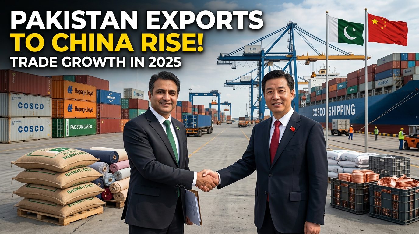 Pakistani and Chinese business representatives shaking hands at a busy cargo port with shipping containers, cranes, cargo ships, rice bags, textile products, and export goods in the background, highlighting the rise in Pakistan's exports to China in 2025.